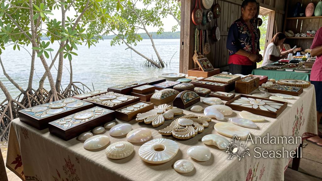 ของที่ระลึกมุกสำเร็จรูปจัดแสดงในร้านเล็กๆ ริมชายฝั่งอันดามัน