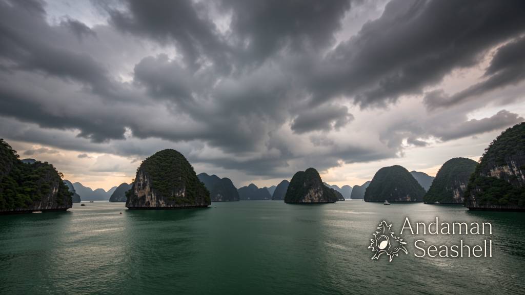 Wide shot of Phang Nga Bay limestone karsts with dramatic monsoon clouds