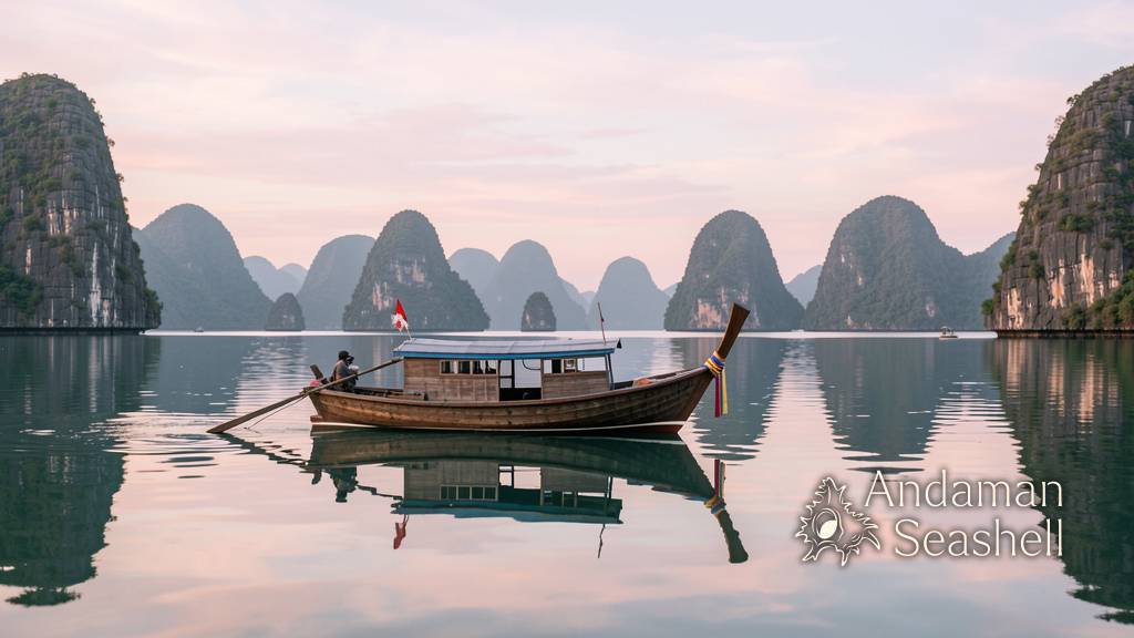 Phang Nga Bay longtail boat on calm monsoon morning waters