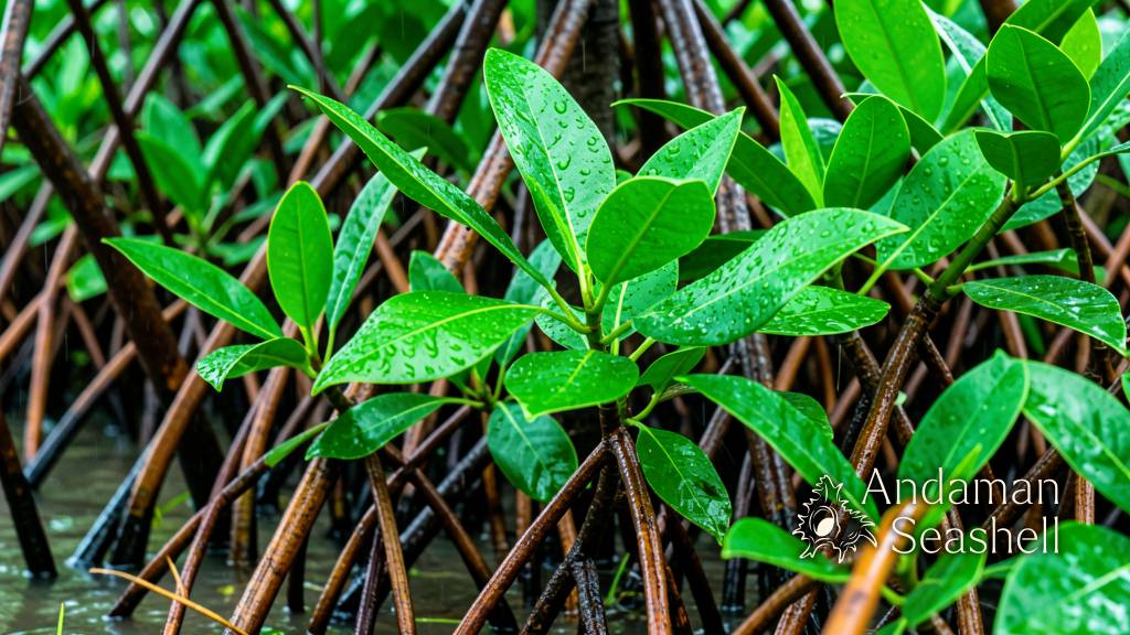 Close-up of mangrove roots and vibrant green monsoon foliage