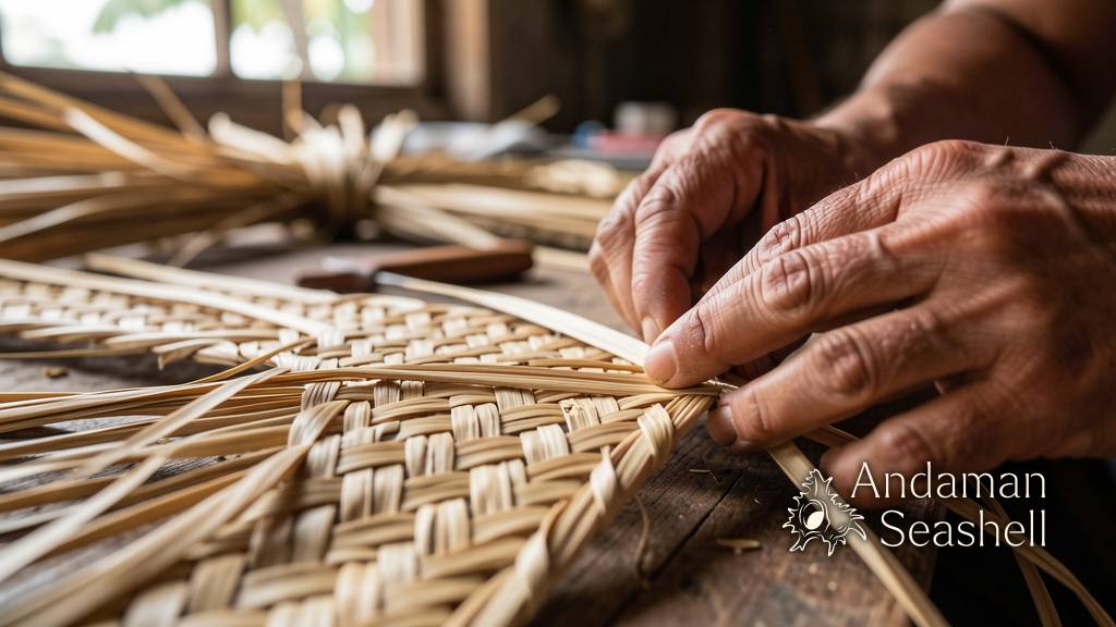 มือช่างฝีมือจัดเรียงผ้าทอมือและเครื่องประดับเปลือกหอยบนโต๊ะตลาด พื้นผิวธรรมชาติและโทนสีชายฝั่งอ่อน สไตล์สารคดี