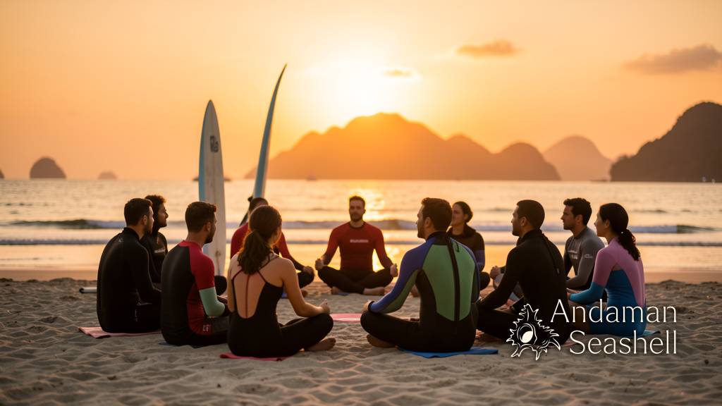 กลุ่มนั่งล้อมวงบนหาดยามพระอาทิตย์ตกหลังเซสชัน Surf Therapy