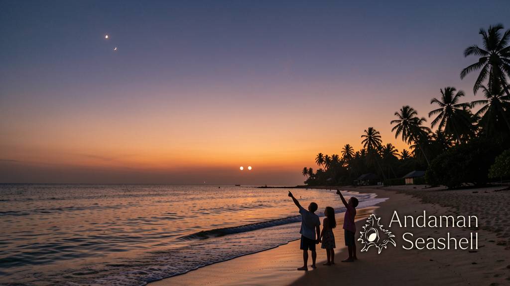 Venus and Jupiter shining above a calm tropical coastline at dusk