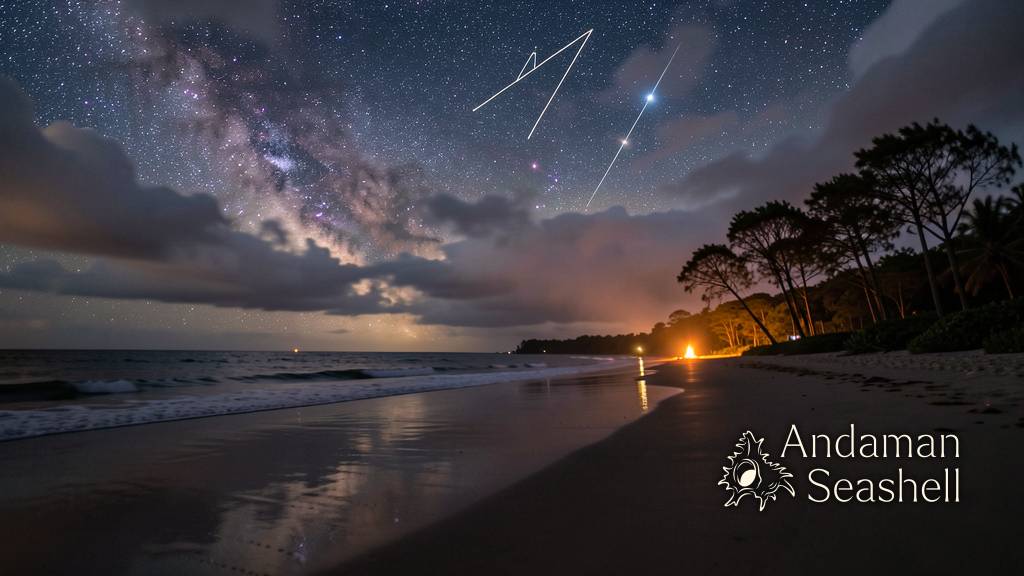 Wide view of a tropical beach at night with stars visible through gaps in monsoon clouds