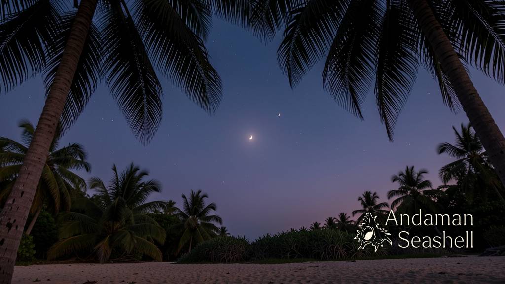 A crescent moon between two bright planets in a twilight sky with tropical silhouettes