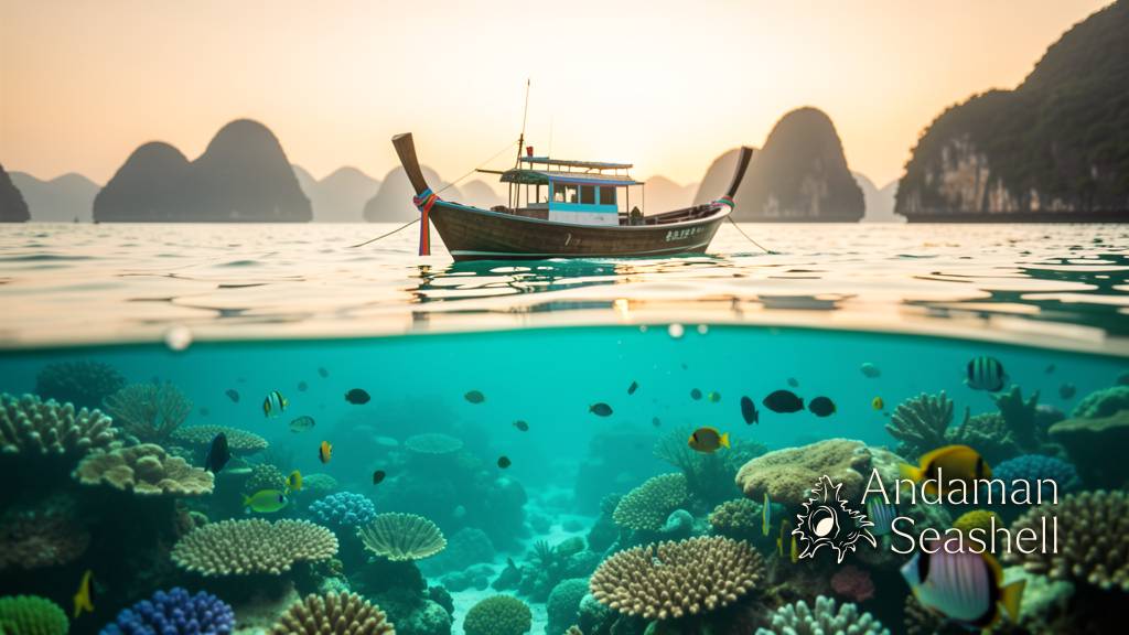 เรือหางยาวลอยบนผิวน้ำทะเลอันดามันสีเขียวครามยามเย็น แนวปะการังมองเห็นใต้น้ำ เกาะหินปูนเป็นฉากหลัง