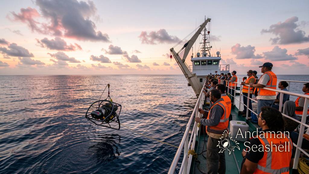 เรือวิจัยหย่อนยานสำรวจ ROV ลงสู่ทะเลลึกสีครามยามรุ่งสาง นักวิทยาศาสตร์ในเสื้อกั๊กนิรภัยสีส้มยืนดูจากดาดฟ้า