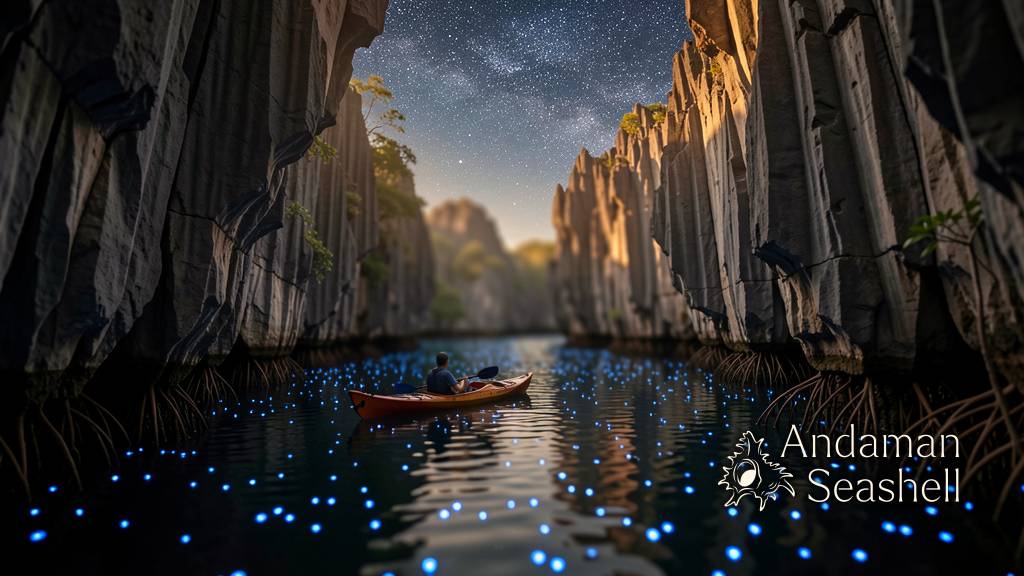 A hidden lagoon inside limestone karsts at night with bioluminescent glow on the water