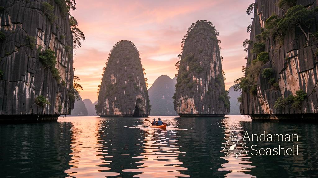 Wide view of kayakers entering a limestone cave passage in Phang Nga Bay at twilight