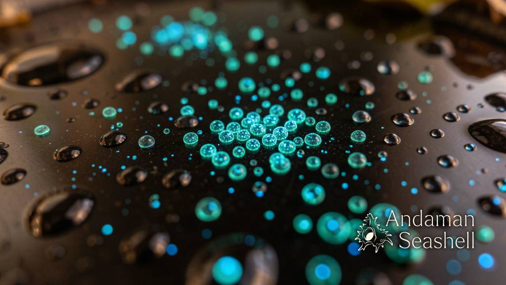 Macro view of glowing blue bioluminescent dinoflagellates in dark seawater