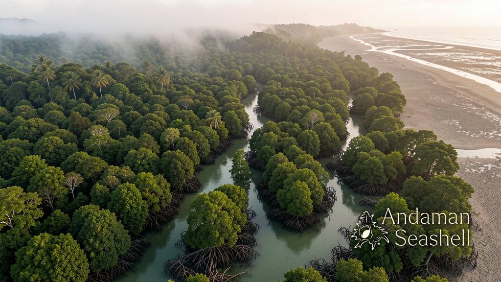 Aerial view of vast mangrove forest along the Andaman coast