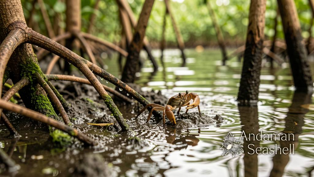 Close-up of mangrove stilt roots with a small crab