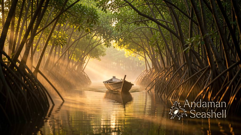 A narrow mangrove channel at golden hour