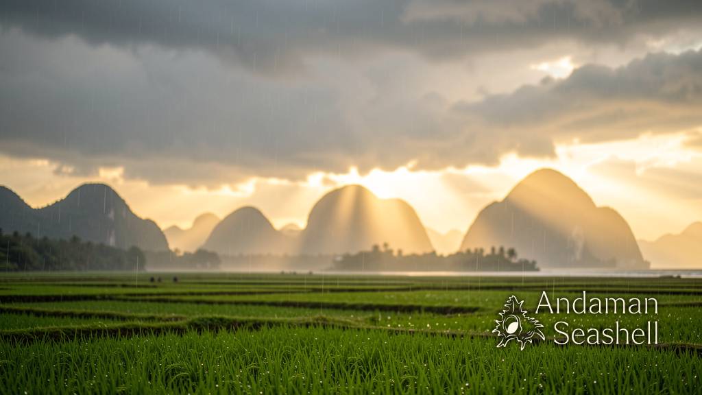 Green rice paddies after rain clears near the Andaman coast