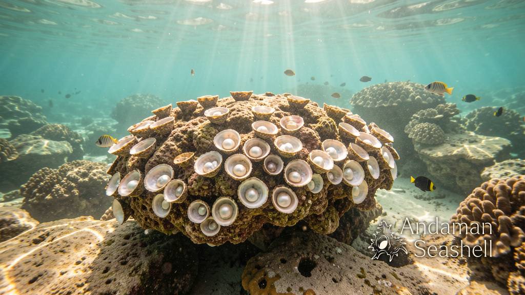 A pearl oyster shell resting on dark wet sand with iridescent nacre interior glowing in golden hour light