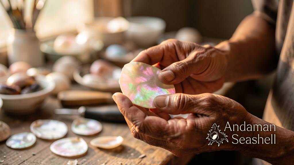 Thai artisan hands holding a polished mother-of-pearl shell fragment catching warm afternoon light