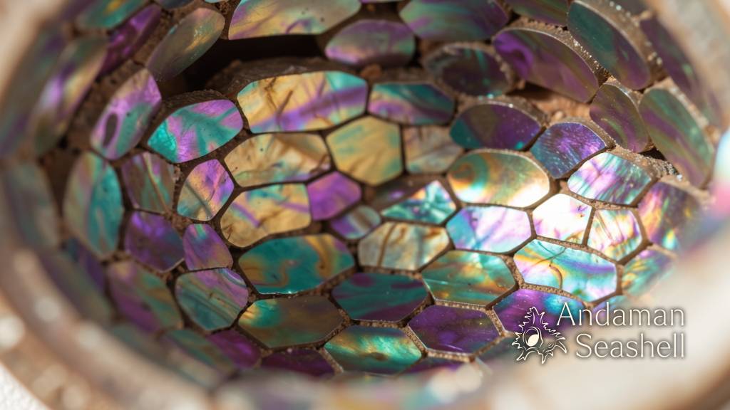 Extreme macro close-up of layered nacre structure showing hexagonal aragonite tablet layers with iridescent rainbow colors