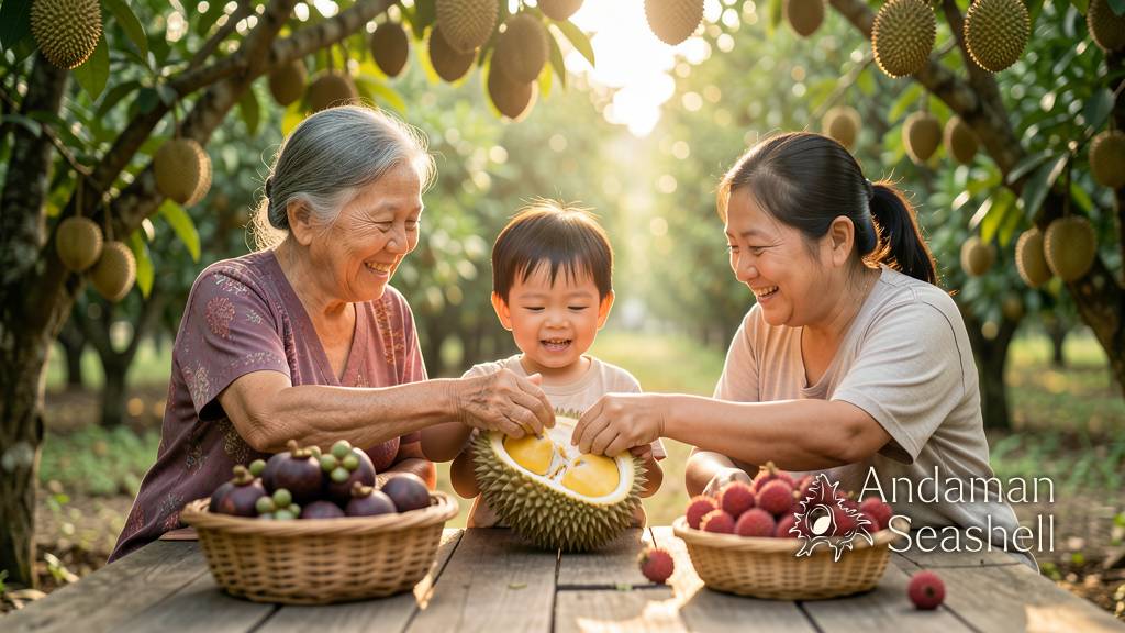 A family gathered around a table in a Phang Nga orchard, sharing fresh fruit together
