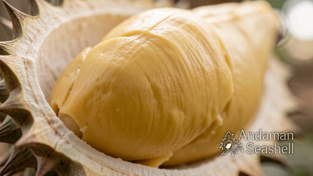 Extreme macro close-up of Salika durian flesh showing golden creamy texture