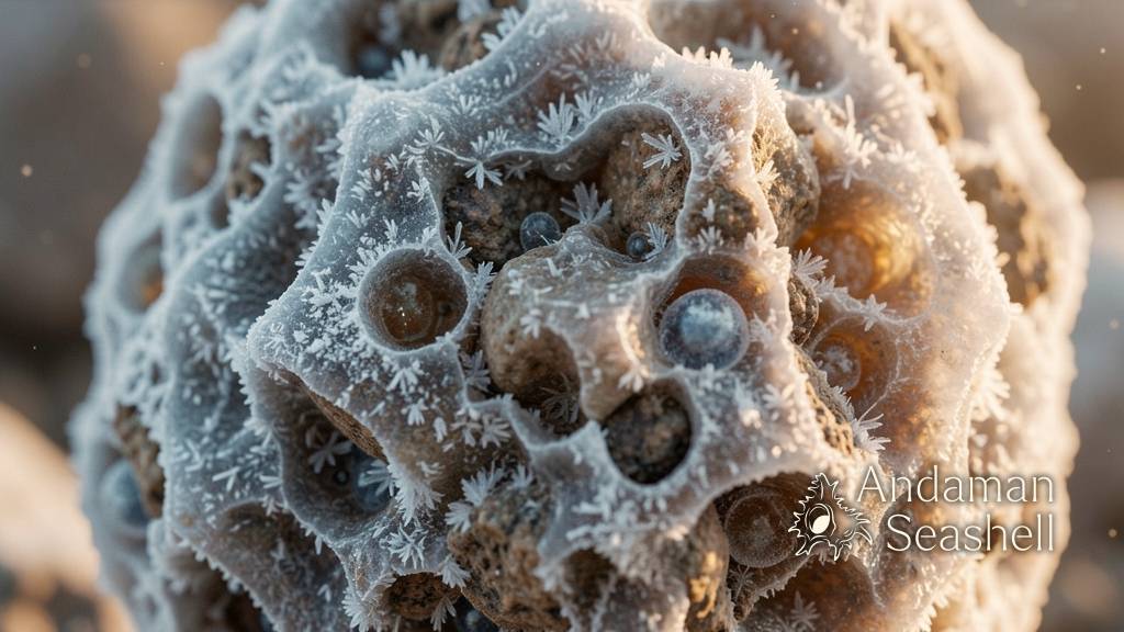 Extreme close-up of ancient comet ice showing crystalline frost textures and pockets of frozen gas, the chemistry of deep time