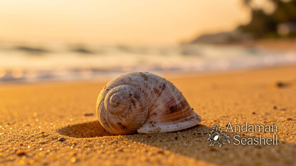 A single spiral seashell resting on golden Andaman beach sand at golden hour, holding the story of stardust and deep time