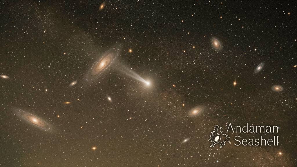 A comet traveling alone through the vast expanse of deep space, a small bright dot with a delicate tail among distant galaxies