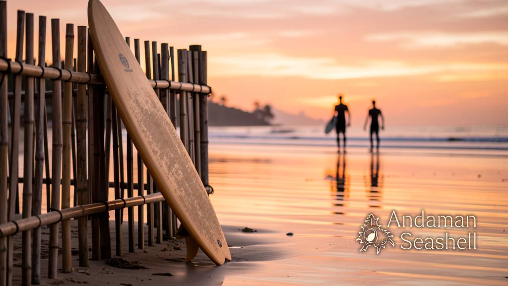 A surfboard leaning against a bamboo fence at sunset, two surfers walking together in the distant shallows