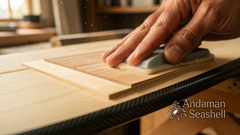 Close-up of Paulownia wood veneer and carbon-fibre rail being applied to a surfboard deck
