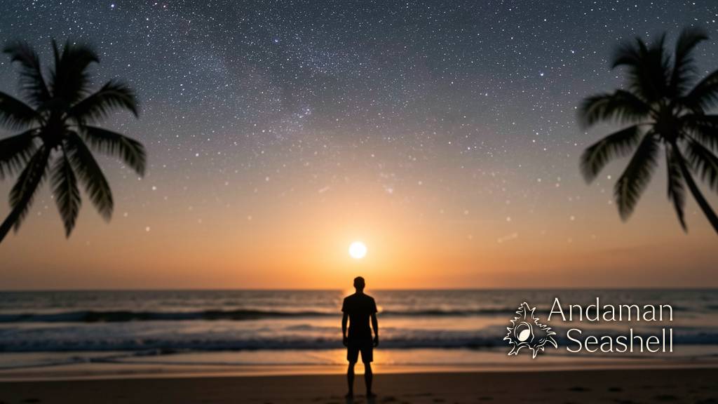 A lone person silhouetted standing on a quiet tropical beach at dusk, seen from behind, looking up at a vast star-filled sky, a single bright planet visible low on the horizon, gentle waves catching the last warm light of day, palm tree silhouettes flanking the scene