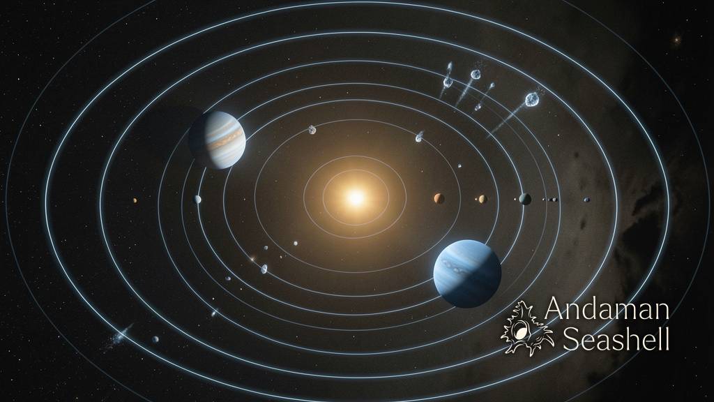 A stylized orbital visualization of the outer solar system viewed from above, concentric elliptical paths glowing faintly in deep space, inner planets as small bright dots near a warm golden central star, a large blue gas giant on one orbit, scattered small icy objects with faint glowing trails beyond it, a vast dark mysterious zone at the far outer edge