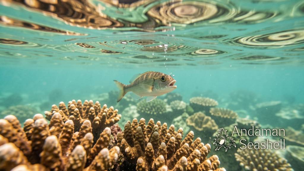 A small reef fish swimming above healthy coral in clear Andaman Sea water, midday light filtering through the surface