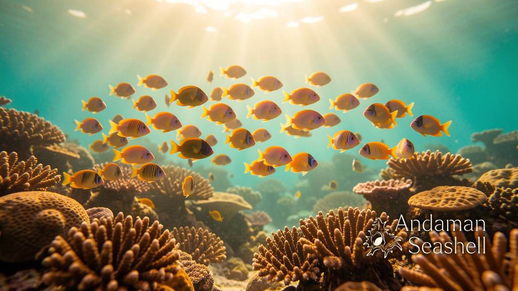A school of colorful reef fish swimming together over a healthy coral reef in warm late afternoon light