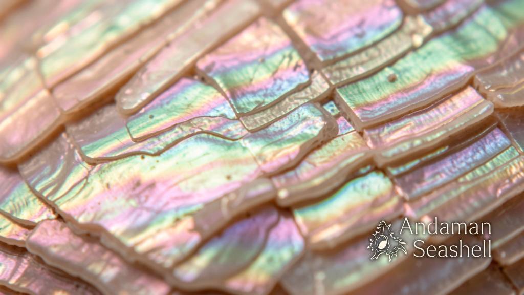 Extreme macro close-up of nacre shell surface showing rainbow thin-film interference colors
