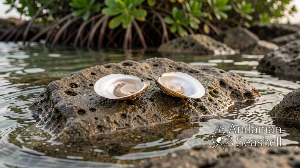 Pearl oyster shells on wet reef rocks at low tide along the Andaman coast
