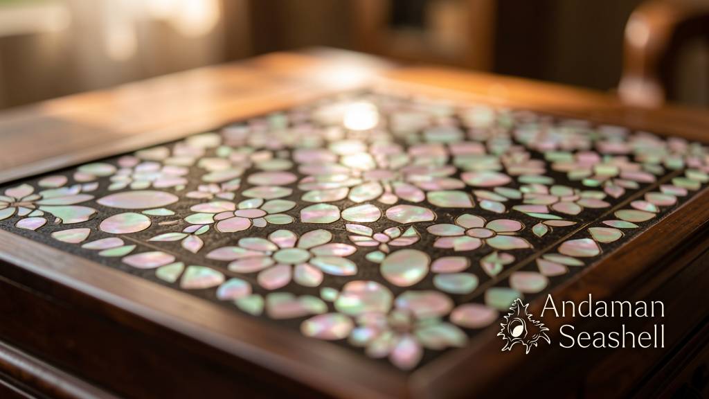 Close-up of traditional mother-of-pearl inlaid wood with iridescent shell pieces in floral patterns