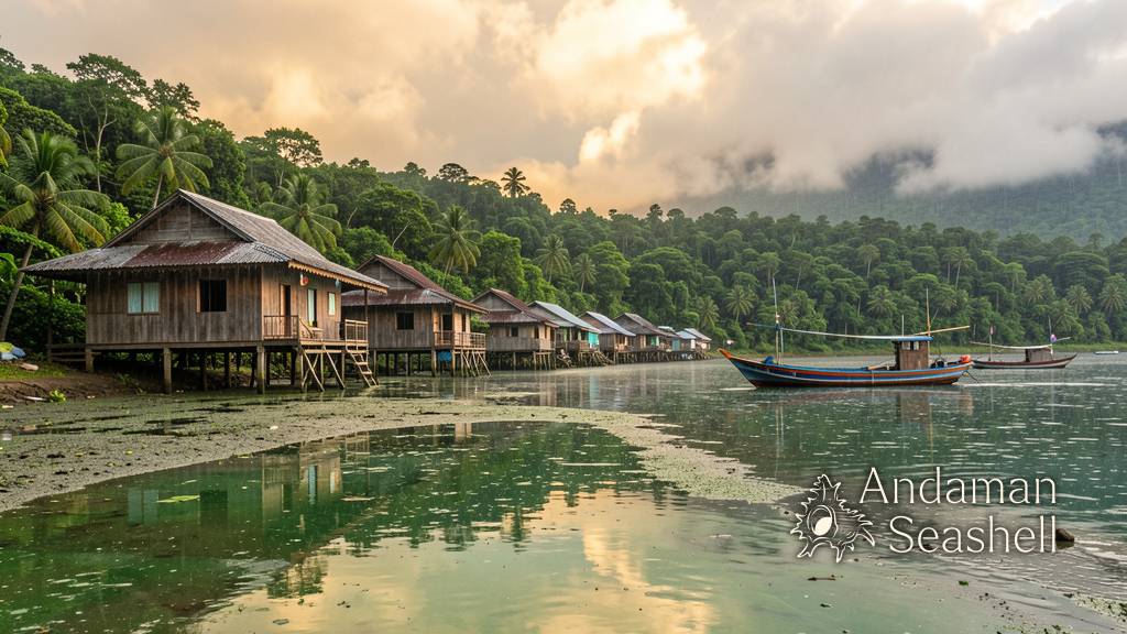 Monsoon rain refreshing a coastal village along the Andaman coast