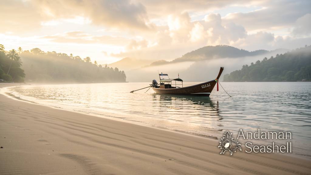 An empty beach at dawn after overnight monsoon rain, with a lone longtail boat at anchor