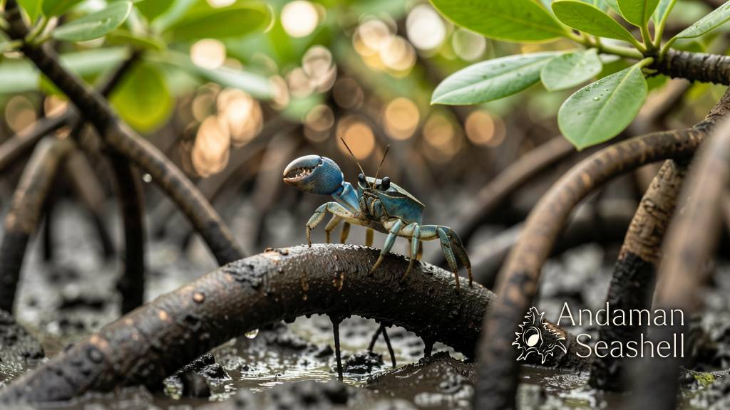 Mangrove roots and a fiddler crab at low tide in Phang Nga's mangrove channels