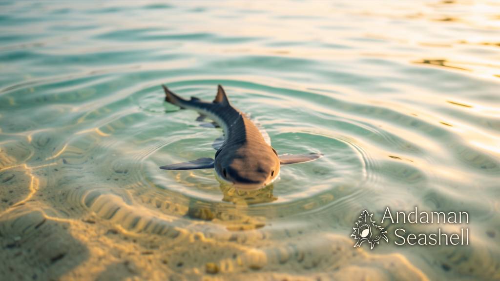 A juvenile bamboo shark glides into clear Andaman Sea water at the shoreline, returning to the wild
