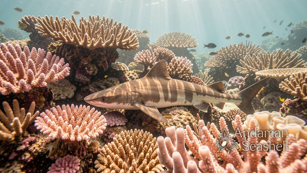 A bamboo shark rests on a healthy coral reef, surrounded by branching corals and small reef fish