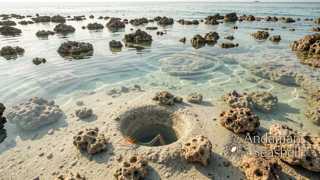 A shallow tropical tide pool on a limestone reef flat with clear turquoise water, coral rubble, and a mantis shrimp burrow entrance visible in the sandy seabed