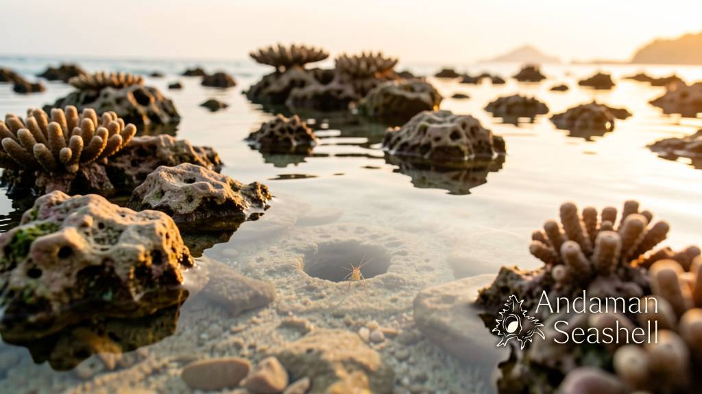 A calm healthy shallow coral reef flat at late afternoon on the Andaman coast, with scattered coral formations in clear gentle water, a mantis shrimp burrow visible in the sandy seabed