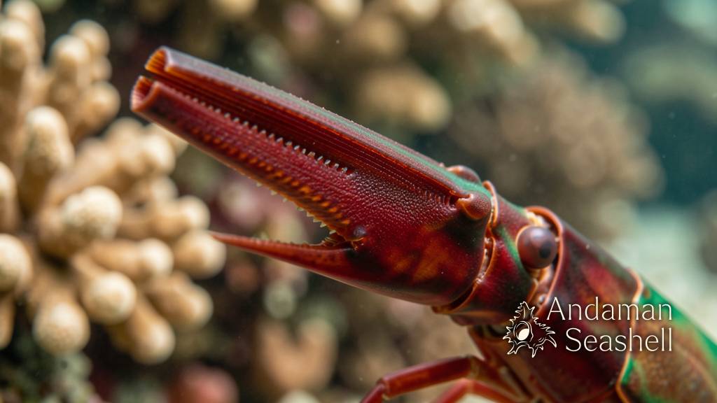 Extreme macro close-up of a mantis shrimp's raptorial dactyl club, raised and ready to strike, showing its layered mineral composite structure
