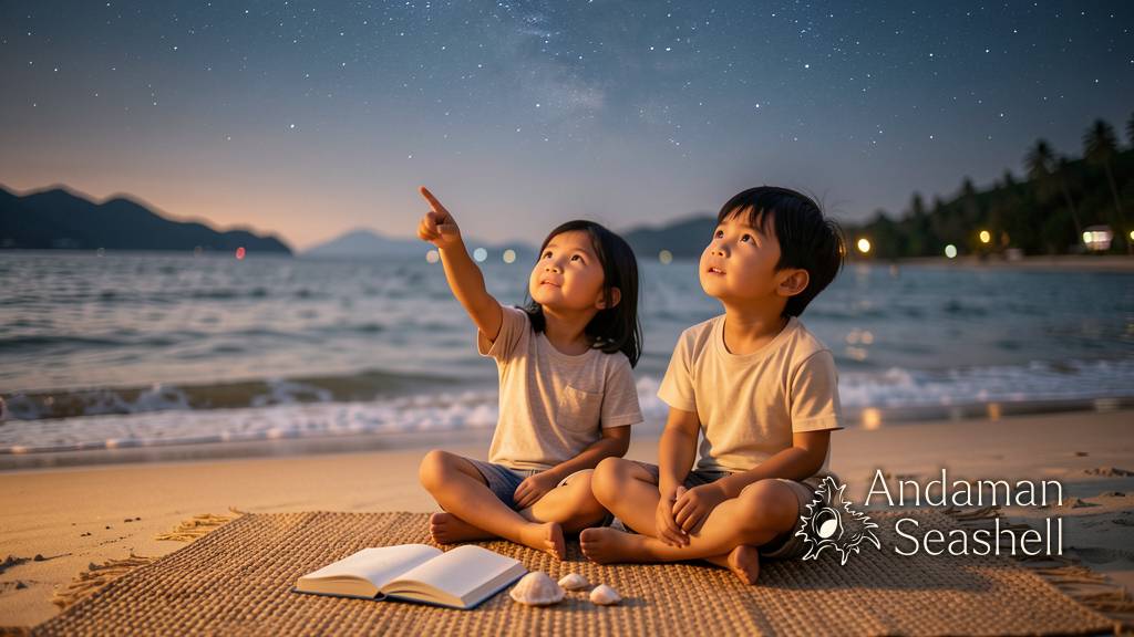 A Thai family watches the first evening stars from a calm Andaman beach
