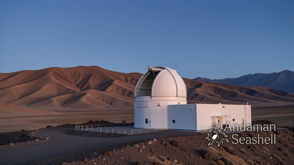 The Rubin-style observatory dome opens toward a clear mountain sky