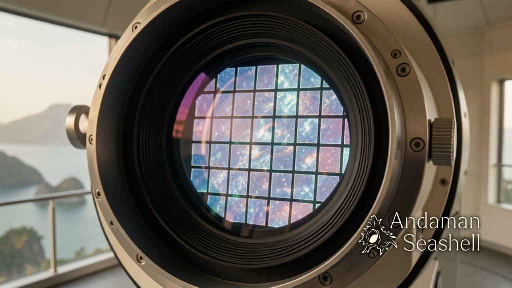 A giant astronomy camera lens and tiled sensor mosaic glow inside the observatory instrument