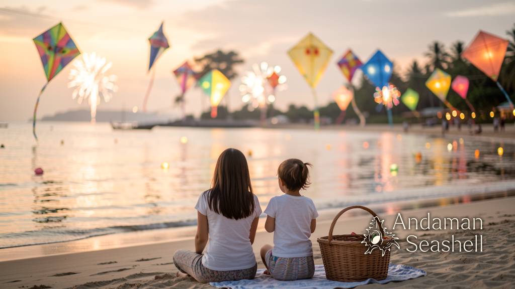 ครอบครัวมองว่าวเหนือชายหาดภาคใต้ในบรรยากาศปิดท้ายวันเทศกาล