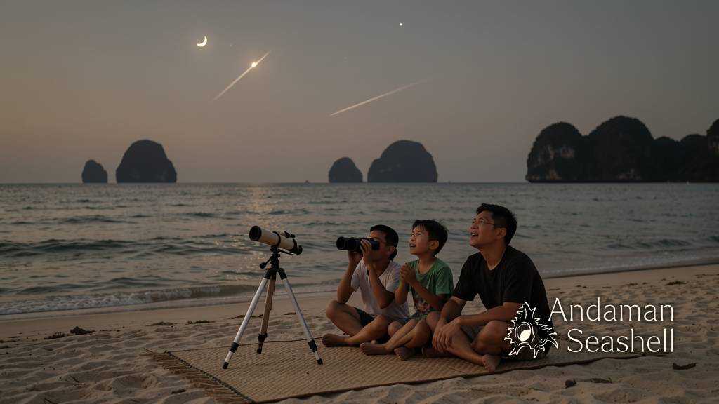 ครอบครัวไทยบนชายหาดอันดามันมองดวงจันทร์เสี้ยวและดาวเคราะห์ก่อนรุ่งเช้า