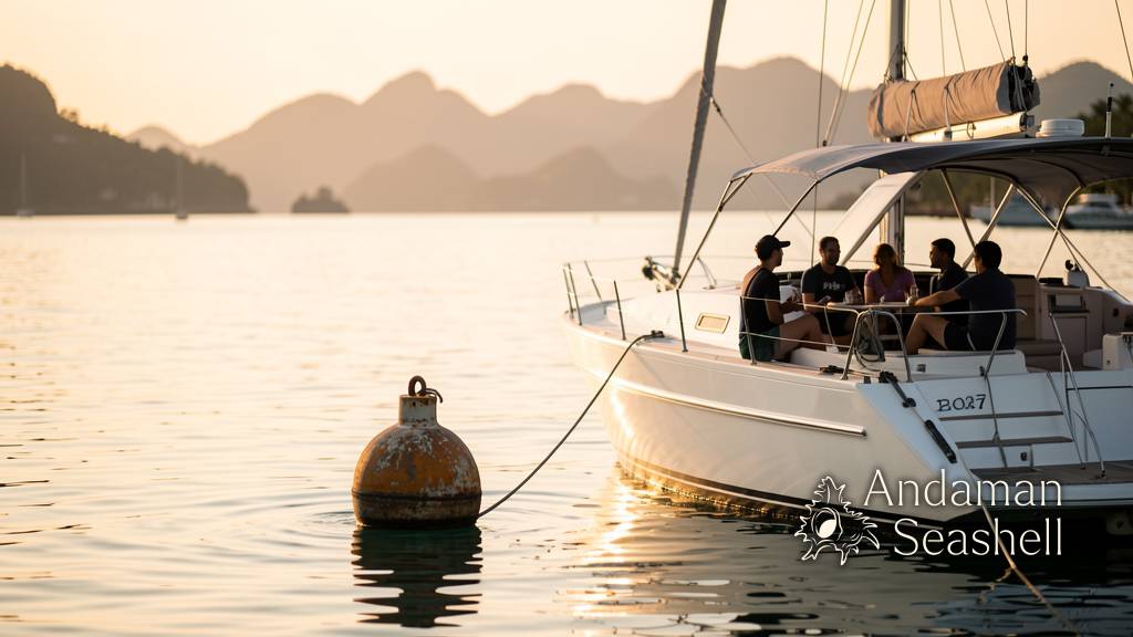 เรือใบจอดนิ่งในอ่าวฉลองยามบ่ายหลังจบวันล่องเรือ