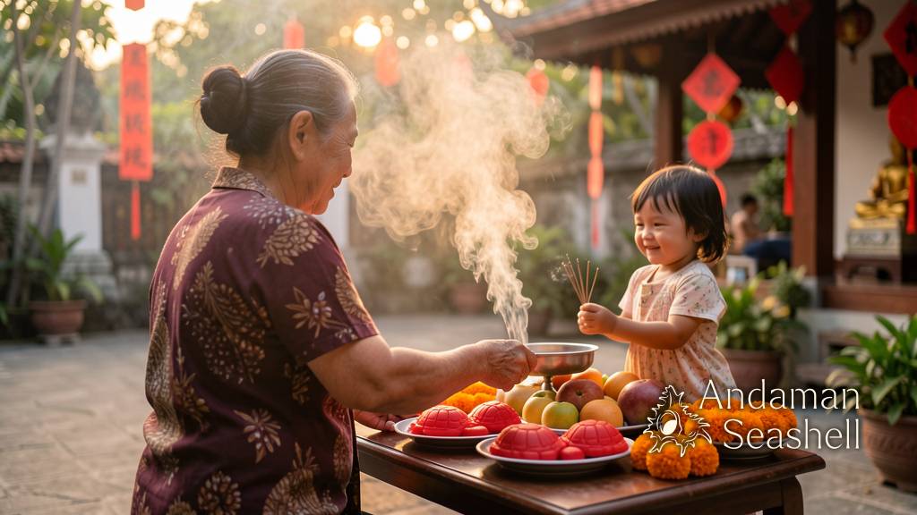 A family places fruit and red turtle cakes on a shrine offering table